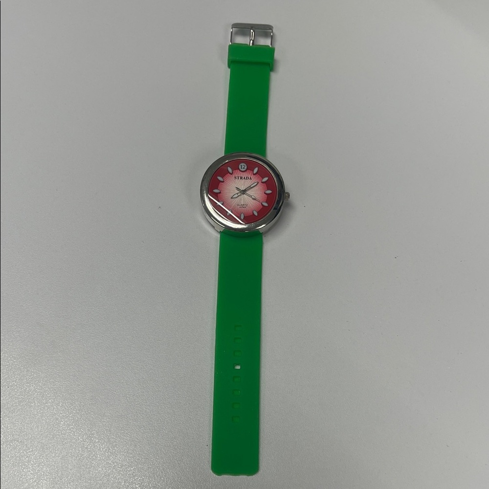 Strada Silver Watch with Green Strap and Red Dial